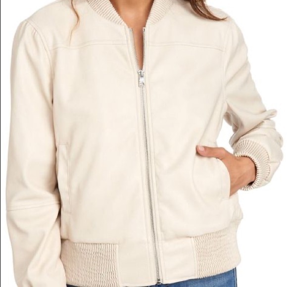 Tahari Faux Leather Beige Bomber Jacket - Picture 2 of 10